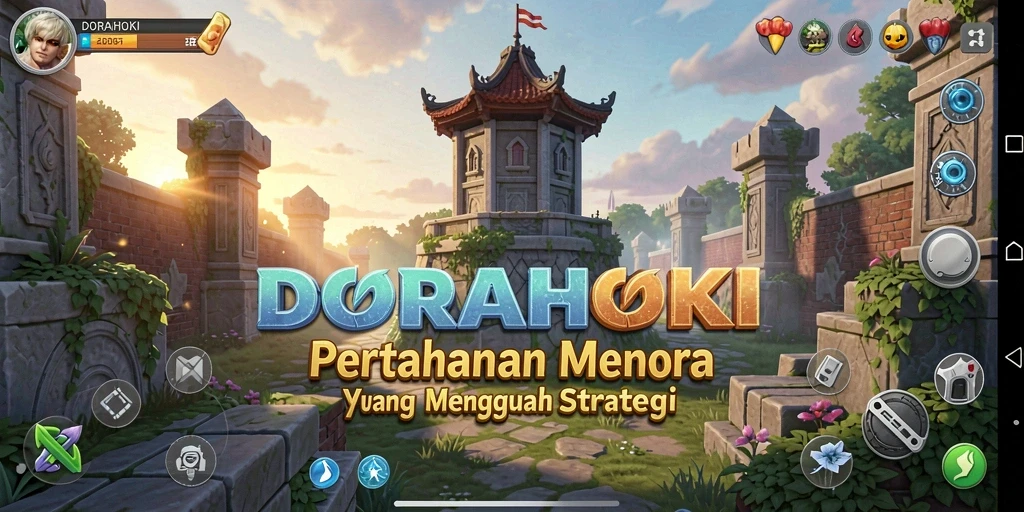 Tampilan gameplay seru di DORAHOKI menunjukkan pertempuran menara yang intens.