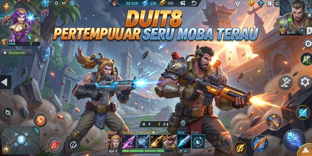Tangkapan layar gameplay DUIT8 yang penuh aksi MOBA.