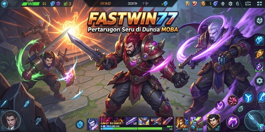 Tampilan gameplay seru dalam pertarungan MOBA yang intens.