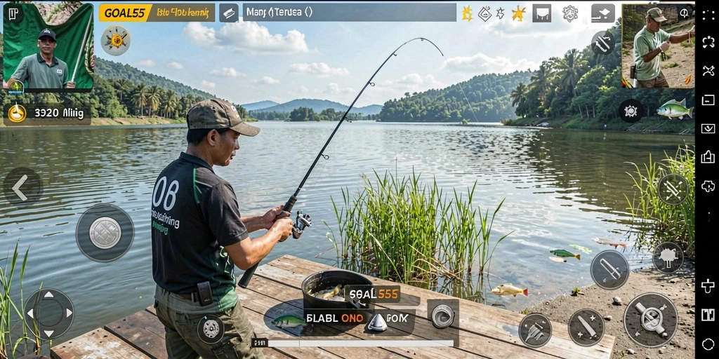 Screenshot gameplay GOAL55 menampilkan suasana memancing yang memukau.