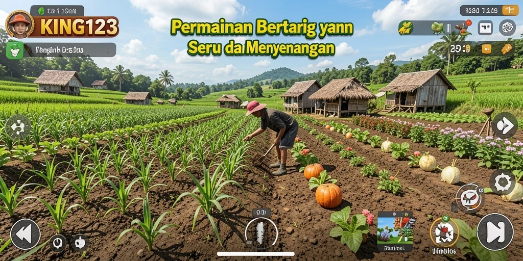 Tampilan gameplay seru KING123 dengan aktivitas bertani.