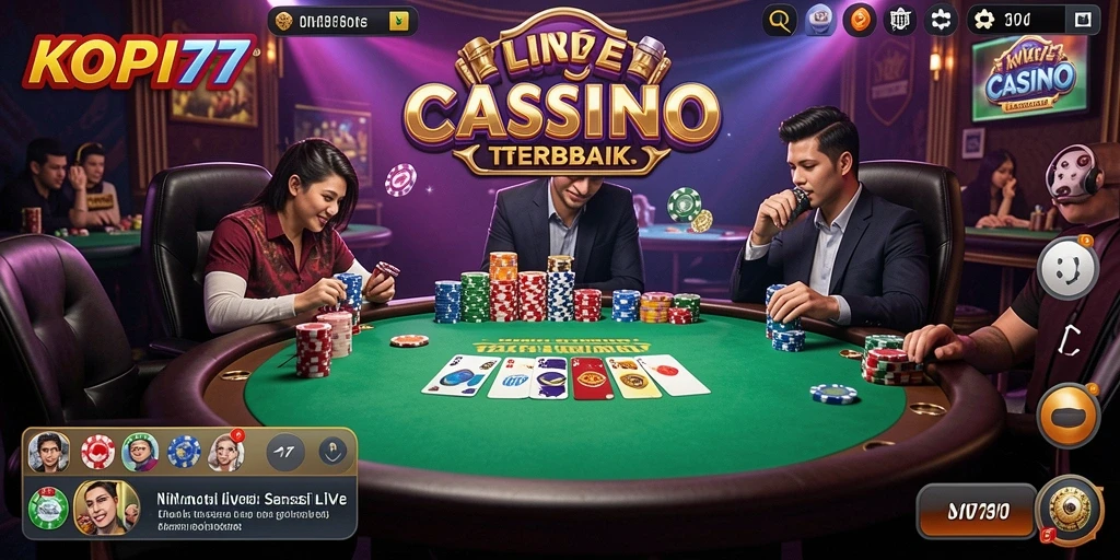 Gameplay KOPI77 yang menampilkan dealer profesional di meja kasino.