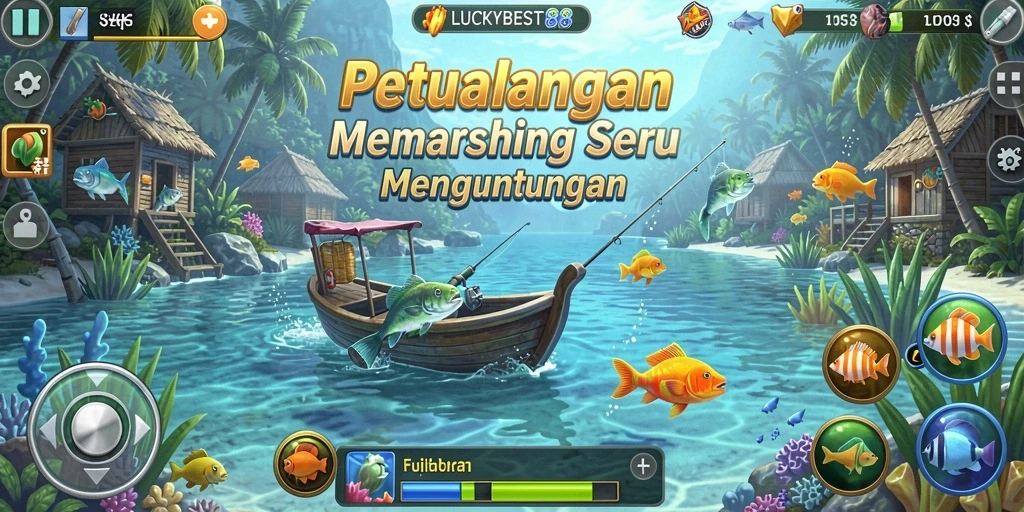 Tampilan gameplay LUCKYBEST88 saat memancing dengan berbagai ikan.