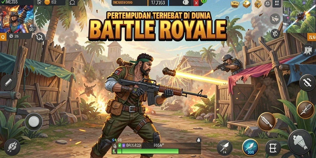 Screenshot utama ME355 menampilkan aksi pertempuran intens di arena Battle Royale.