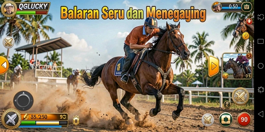 Tangkapan layar gameplay QGLUCKY menunjukkan aksi balapan yang intens.