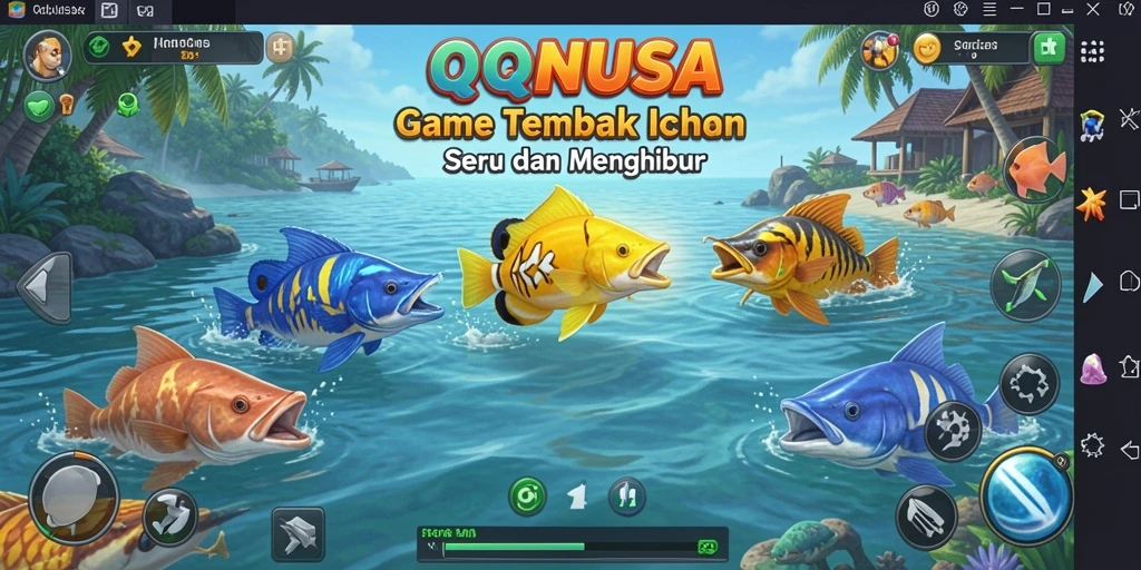 Tangkapan layar QQNUSA menampilkan aksi seru menembak ikan di bawah laut.