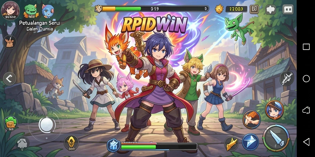 Screenshot gameplay RPIDWIN menampilkan karakter anime yang dinamis dan berwarna-warni.