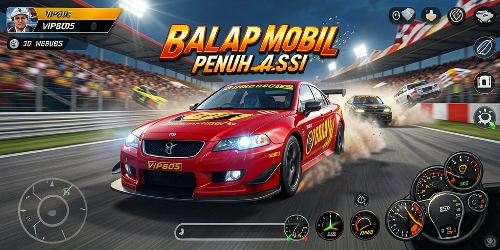 Screenshot gameplay VIP805 menunjukkan balapan mobil yang mendebarkan.